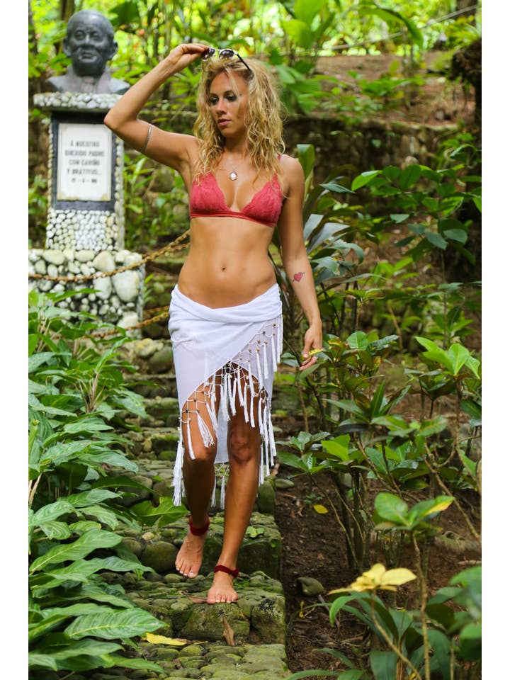 1 World Sarongs - Wholesale Swim Cover Up - Women's - Triangular Sheer Sarong with Fringed with Shells in White5