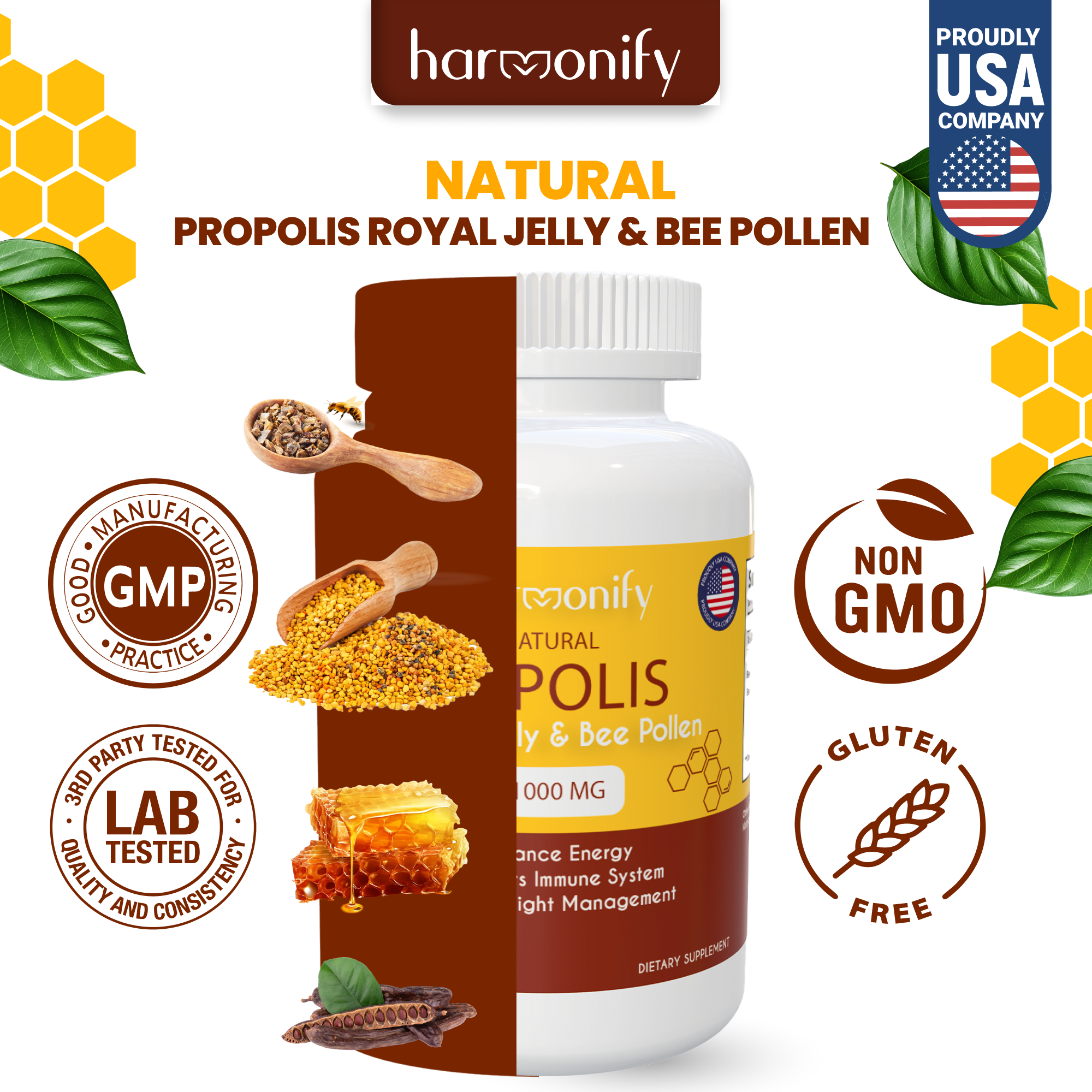 HARMONIFY - Wholesale Oral Supplement/Vitamin - Natural Propolis, Royal Jelly Bee 1000mg for Immune Support5