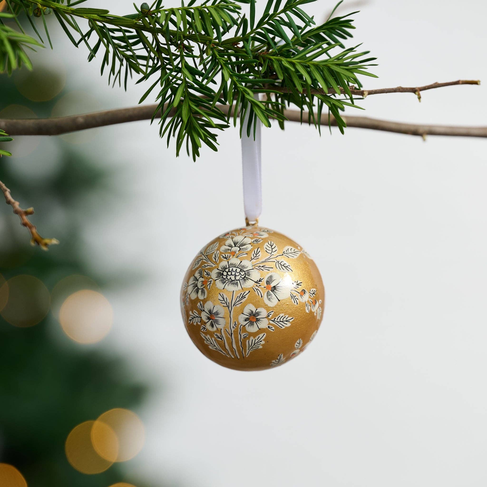 Ten Thousand Villages - Wholesale Ornament - Painted Gold Florals Paper Mache Ball Ornament