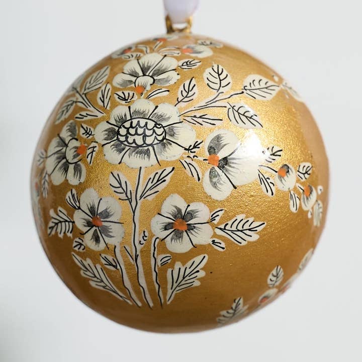Painted Gold Florals Paper Mache Ball Ornament for wholesale by Ten Thousand Villages