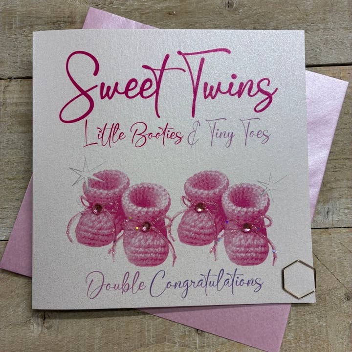 Sweet Twins - Pink Booties for wholesale by White Cotton Cards