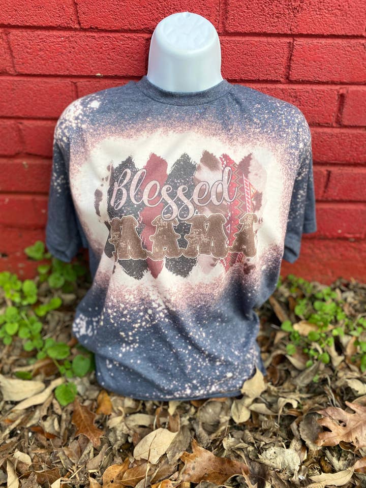 Blessed Mama cowhide Bleach Tee for wholesale by Cute As A Rustic Button