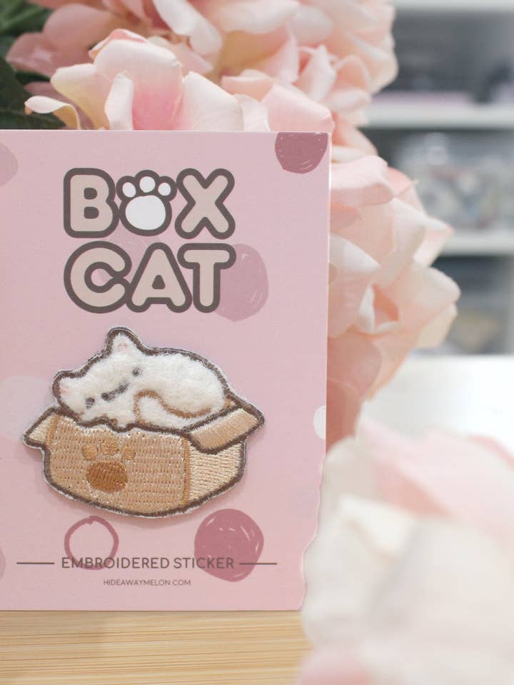 Box Cat - 2in Embroidered Sticker Patch for wholesale by HideawayMelon