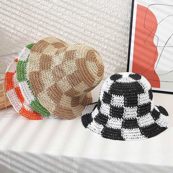 Sensibling Corp. - Wholesale Bucket Hat - Women's - Checkerboard Patterned Straw Bucket Hat3