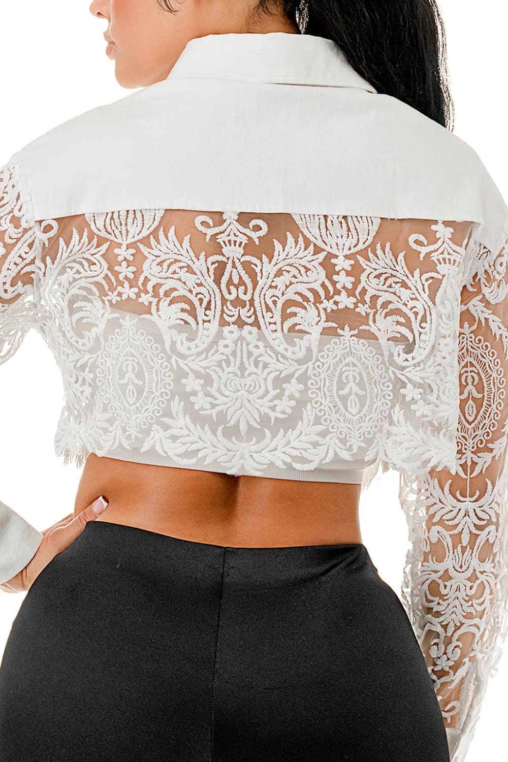 SALT - Wholesale Denim Jacket - Women's - (SJ5073)Pearl Brooch & Lace Sleeve Cropped Denim Jacket14