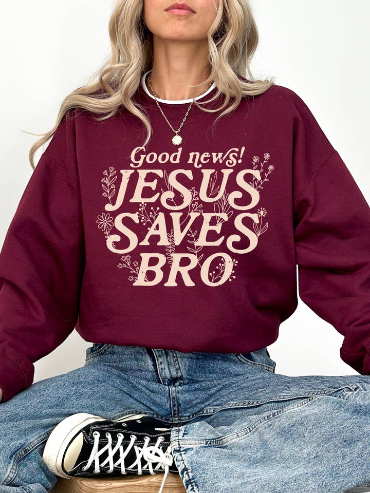 Jesus Saves Bro | Printed Crewneck Sweater for wholesale by Spirit Led Collective