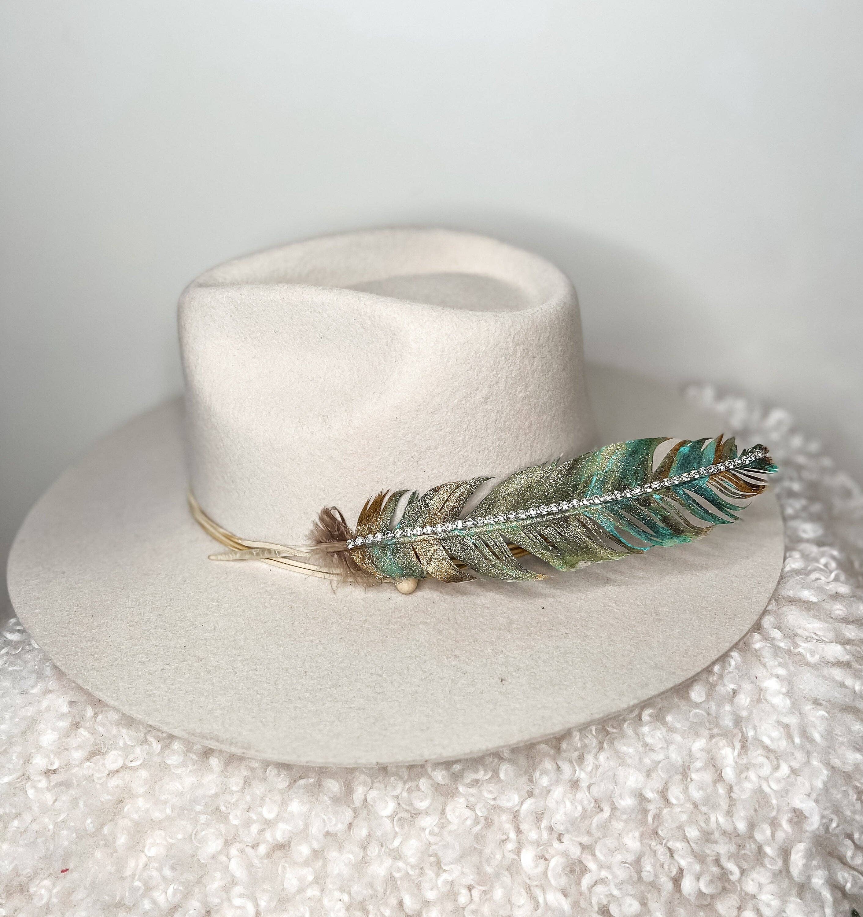 The Sterling Gypsy - Wholesale Hat Accessory - Women's - Hand Painted Rhinestone Glitter Turquoise & Gold Hat Feather Accessory Cowgirl Hat Decoration Hat Pin