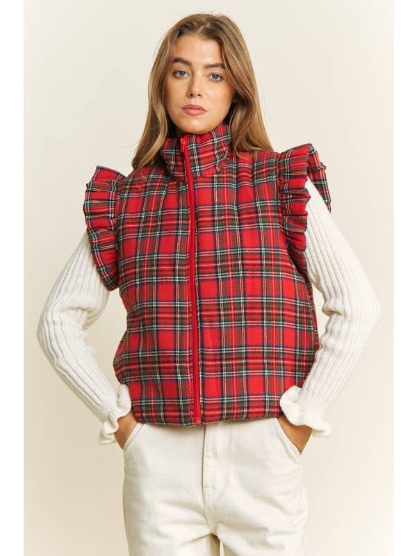 RED EVERYDAY PLAID PUFF ZIP UP VEST JACKET with ARMHOL for wholesale on Faire6