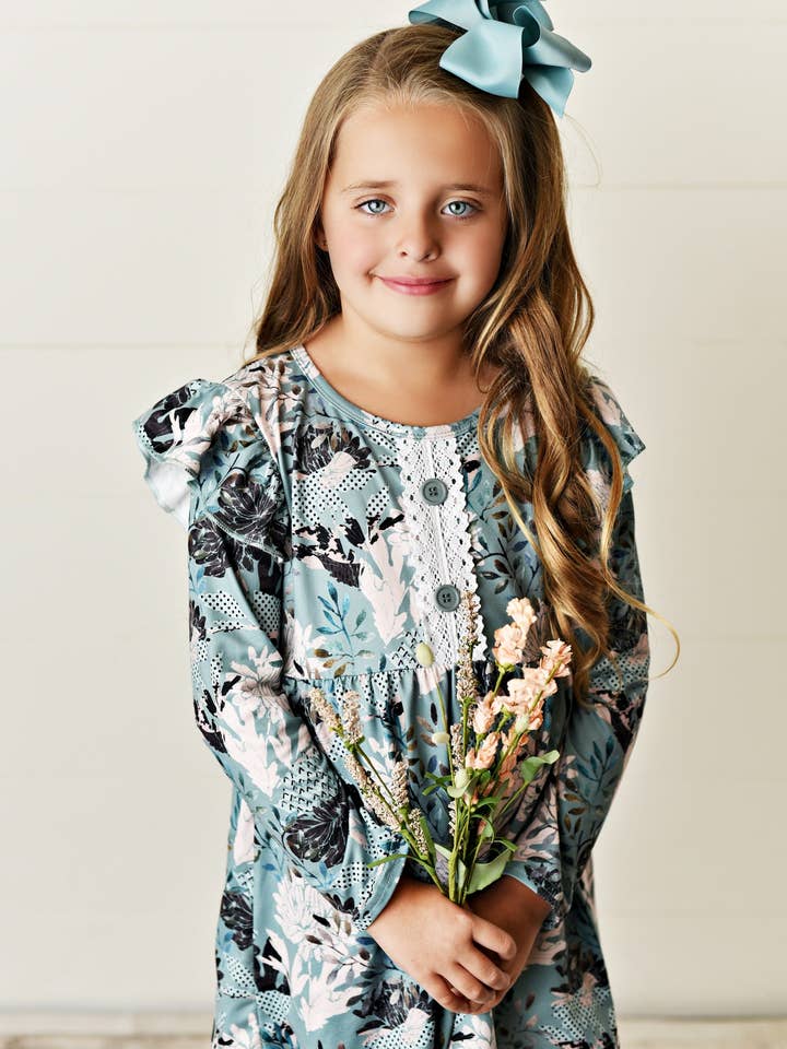 Adorable Sweetness - Wholesale Top & Leggings Set - Kids - Kids Sage Green Floral Tunic Top & Legging Pants Set