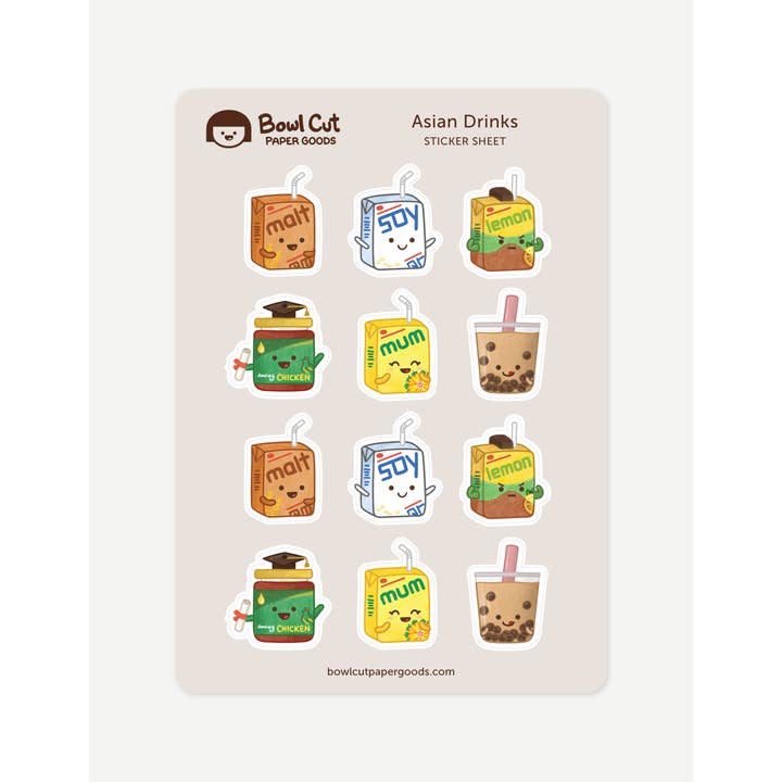 Asian Drinks sticker sheet for wholesale by Bowl Cut Paper Goods