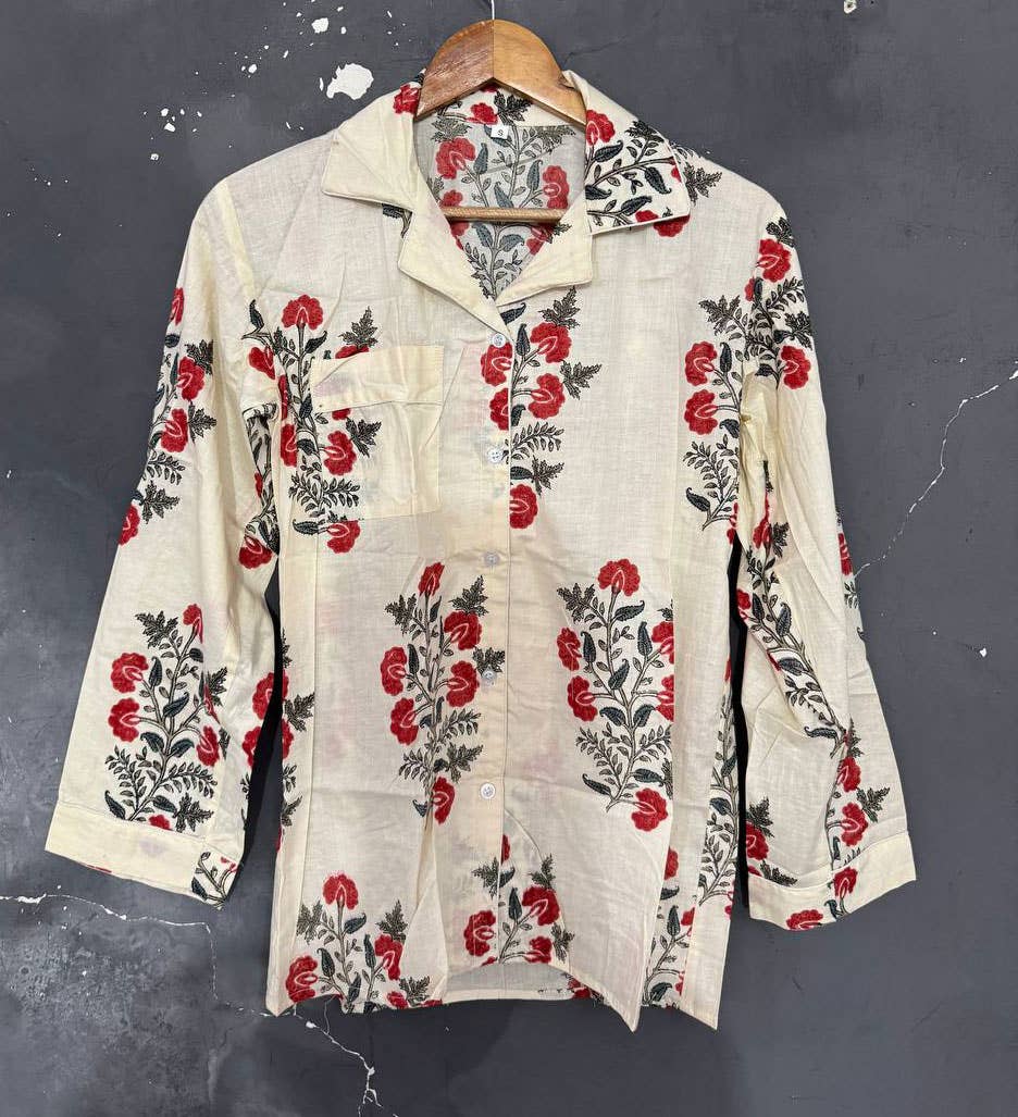 GYPSY STUDIO – wholesale Pyjamasset - Dam – Vit färgblocktryck dam bomullsklänning nattkläder pyjamas set2