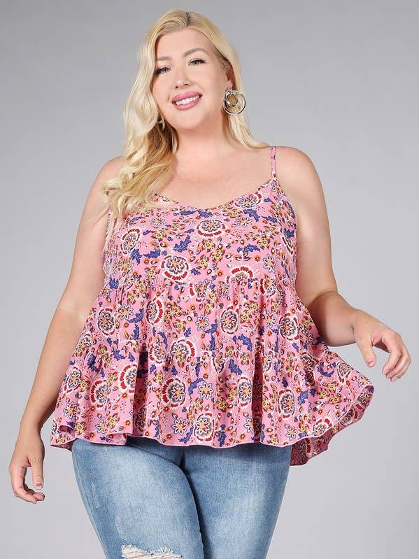 Plus Size Top Floral Paisley Print Ruffle Cami - WG17513-2T for wholesale by Haute Fox Plus Size & Contemporary