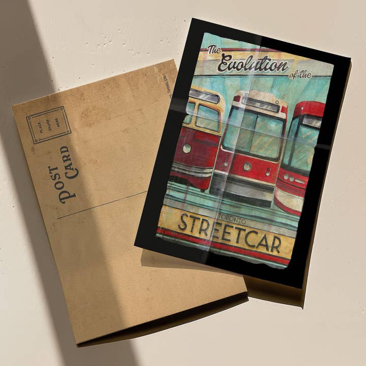 Toronto Streetcar Evolution Postcard by Rob Croxford for wholesale by Totally Toronto Art/Sassy City Studio