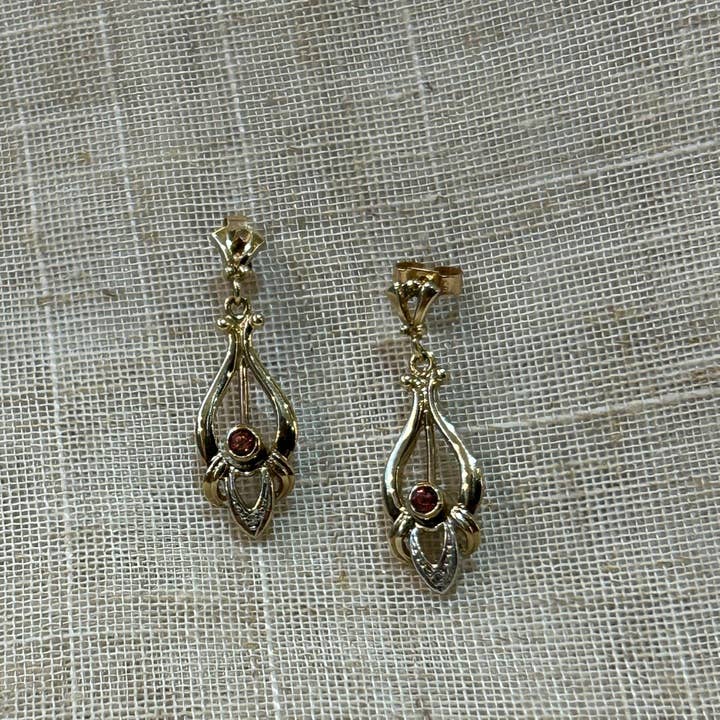 Pre Loved 9ct Gold Drop Earrings with Opal and Garnet for wholesale by Kirsty Taylor Goldsmiths