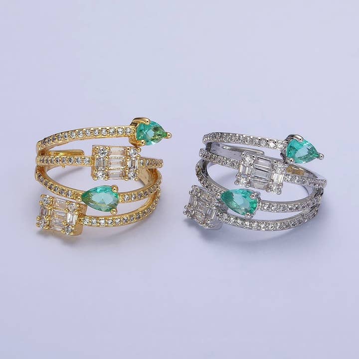 Aim Eternal - Wholesale Multi-Stone Ring - Aqua Tear Drop CZ Gold Wrap Baguette Stacking Ring4