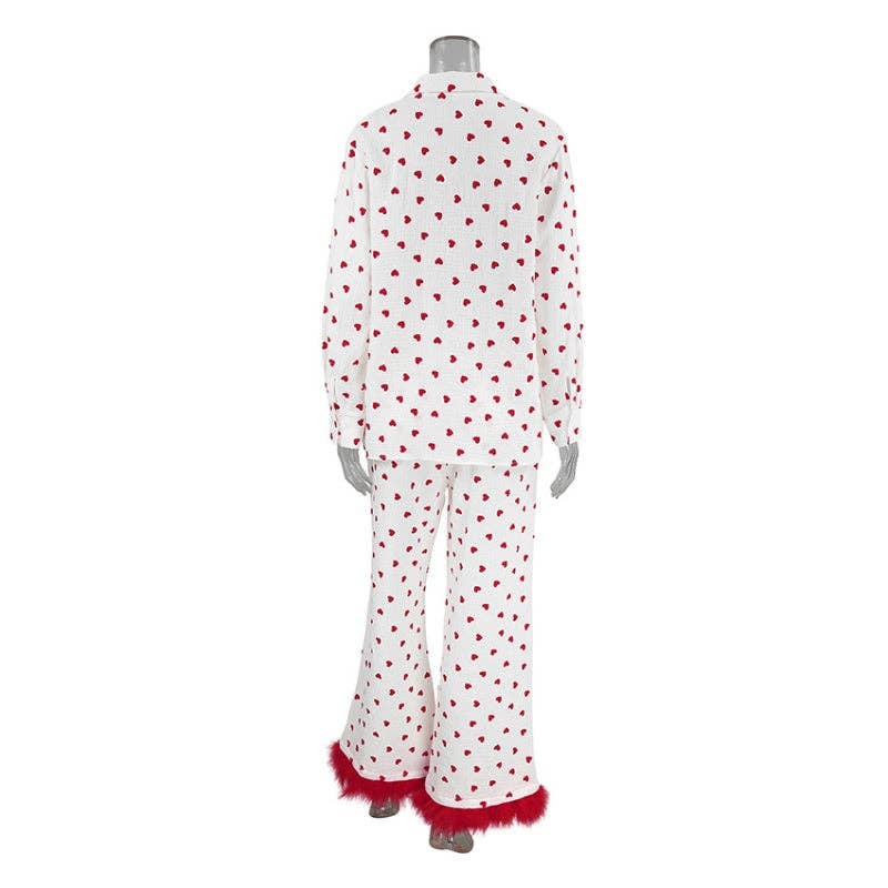 BLANC Ensemble de pyjama à imprimé cœur avec garniture en plumes en vente sur Faire1