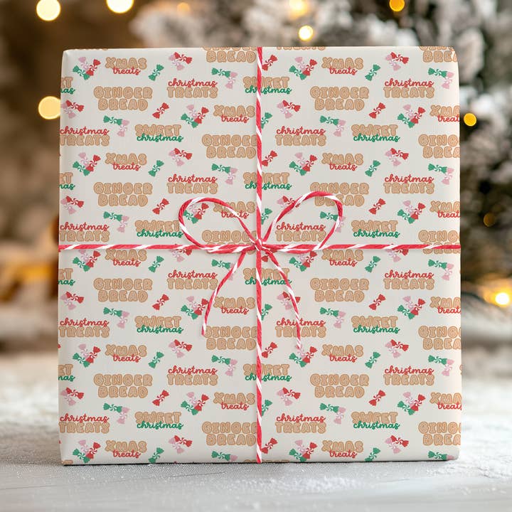 Ginger Bread & Christmas Treats Wrapping Paper Sheet – Cute Festive Typography Gift Wrap for Presents, Cream for wholesale by House of Binky