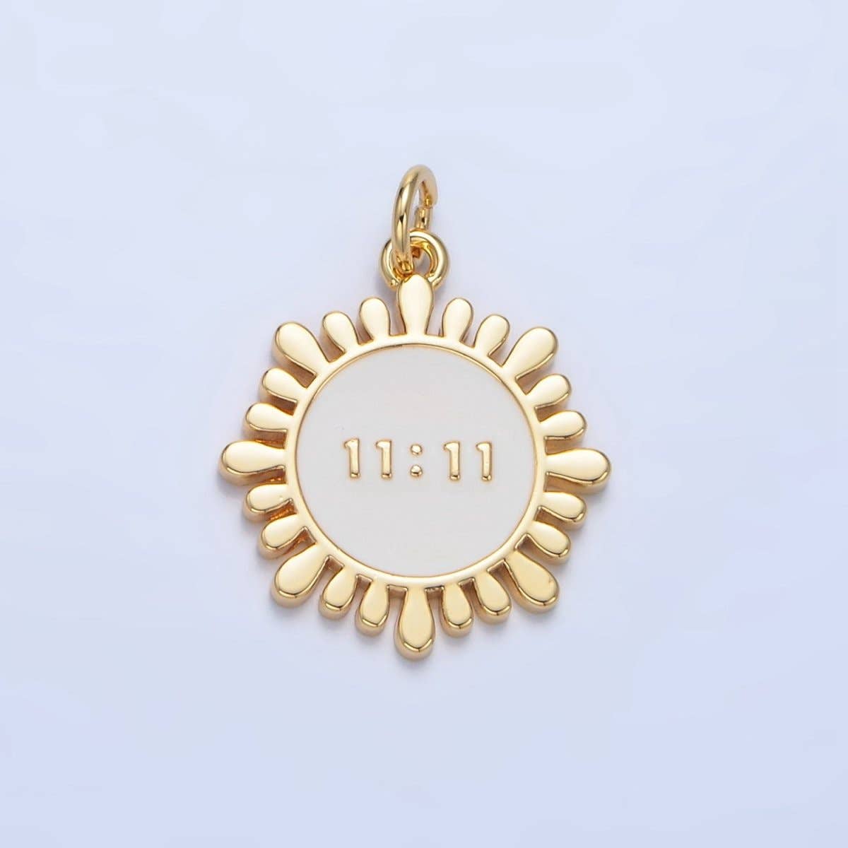 Aim Eternal - Wholesale Individual Charm/Pendant - 24K Gold Filled "11:11" Angel Number White Enamel Celestial Sun Flower Charm | X8370