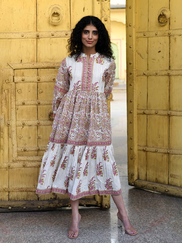 Vestido de algodón con lurex y estampado a mano en rosa para venta al por mayor de BUTA BUTI