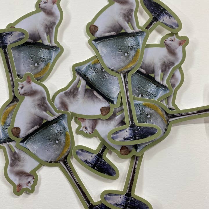 Maureen Shields – wholesale Sticker – White Cat on Martini Glass with a Twist Sticker