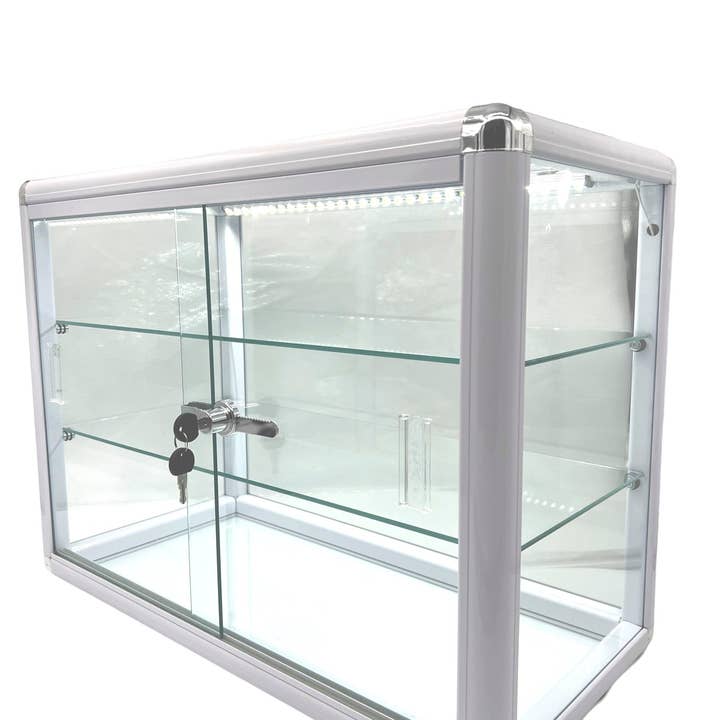 Only Hangers - Wholesale Retailer Display Stand/Case - Only Hangers Elegant White Aluminum Display Table Top Tempered Glass Showcase with LED Lights0
