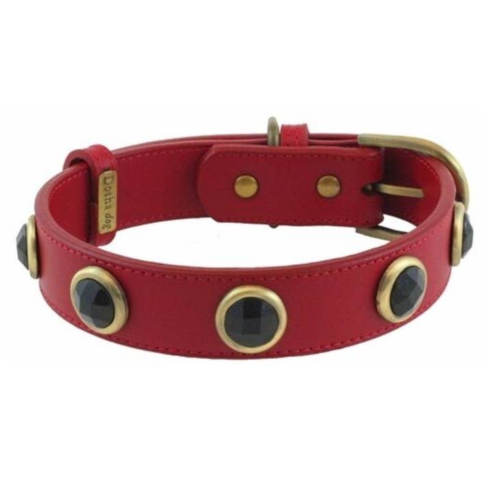 Pebble Dog Collar/Leash - Red, Onyx Gemstones for wholesale by Dosha Dog