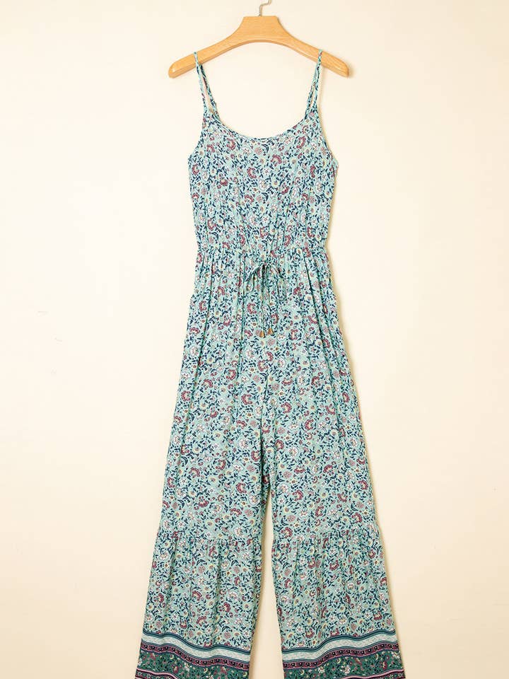 Green Bohemian Floral Ruffle Bottom Spaghetti Strap Jumpsuit for wholesale on Faire
