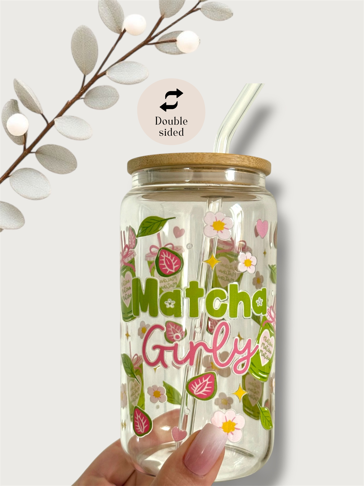 the cute cloud - Wholesale Drinking Glass/Cup - Matcha Girly Glass Tumbler Double Sided Print with Lid and Straw1