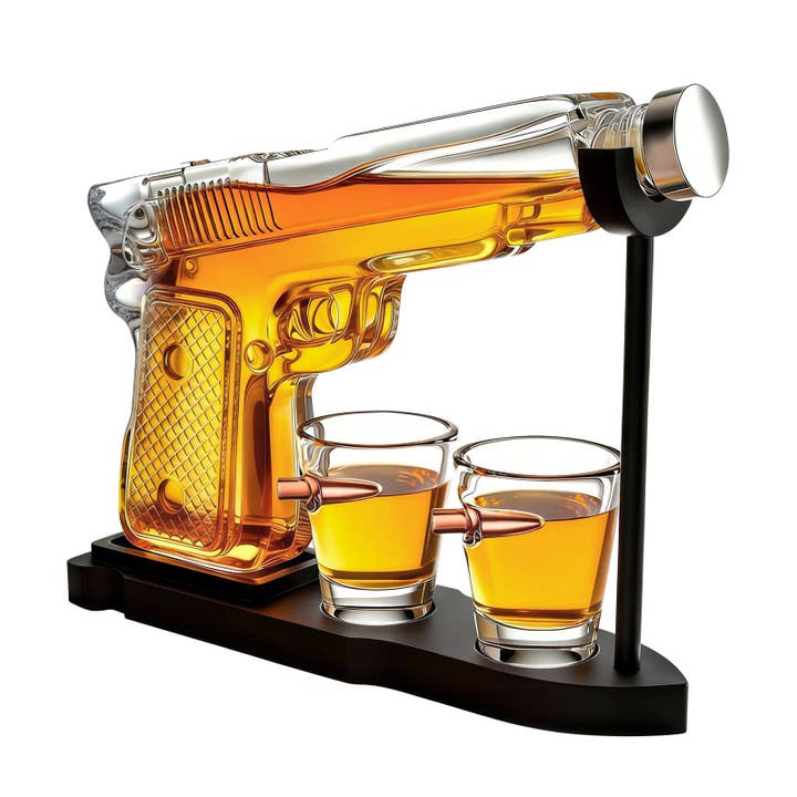 Pistol Gun Decanter Set + 2 Bullet shot Glasses & Wood Stand for wholesale by The Wine Savant / Khen Glassware