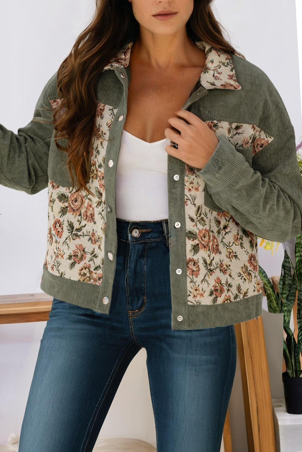 66DISCO - Vente Veste-chemise – femme - Veste style chemise à patchwork floral côtelé occidental (S-4X)1