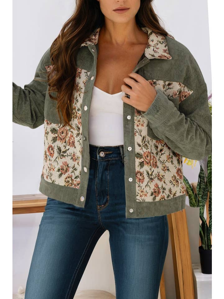 66DISCO - Wholesale Shirt Jacket/Shacket - Women's - Western Ribbed Floral Patchwork Shirt Style Jacket (S-4X)0