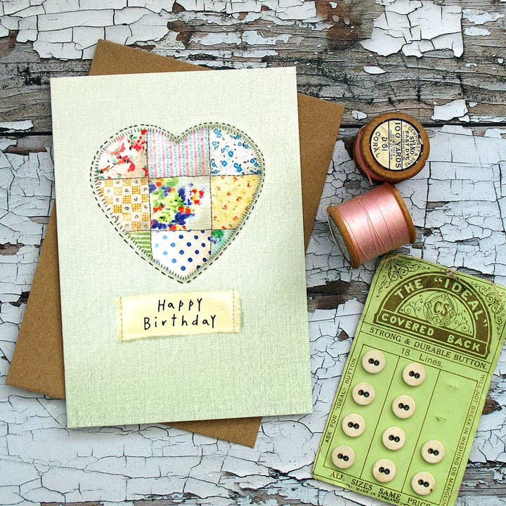 Patchwork birthday Heart Card for wholesale by Made In Pixieland