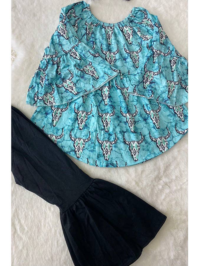 luluclothes - Wholesale Top & Pant Set - Kids - 1182WY Turquoise aztec bull top black bell bottom girls sets5