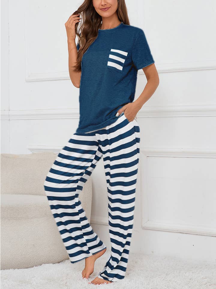 Wholesalesir - Wholesale Lounge Set - Women's - Short Sleeved Top With Striped Printed Drawstring Pants Set