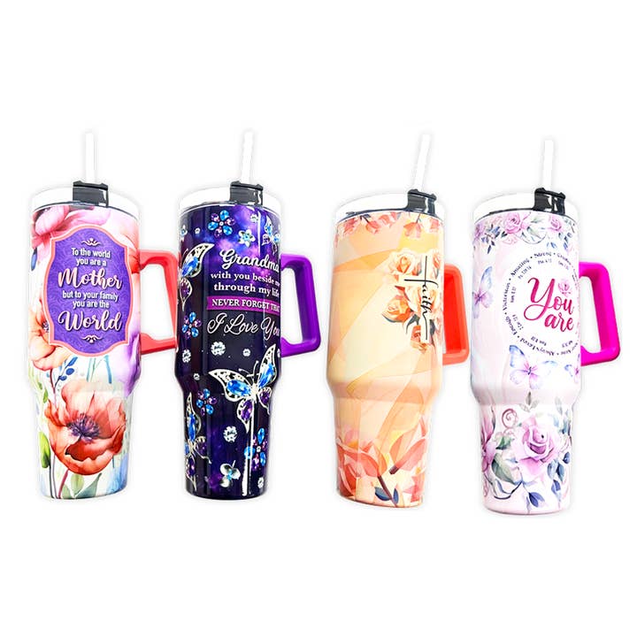 Novelty Closeout - Wholesale Insulated Mug/Tumbler - Insulated 40 oz Cup with Straw Mother's Day Assortment- 4/pk