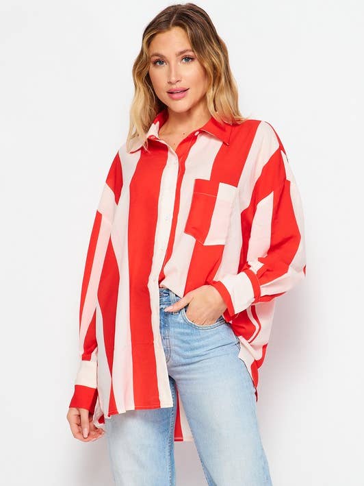 Top button down a maniche lunghe con stampa a righe per la vendita all'ingrosso da parte di MintChoco