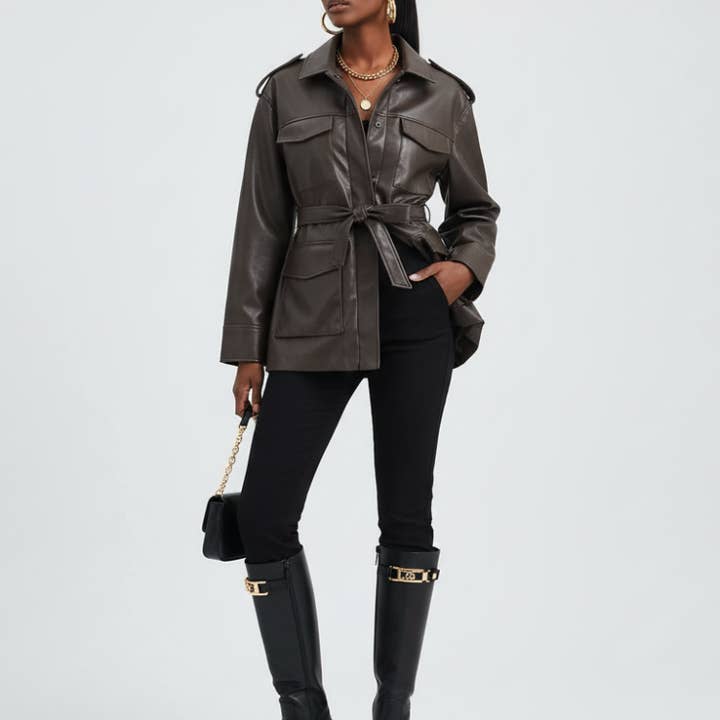 Chaqueta Safari de Imitación de Cuero para Mujer UPPER EAST SIDE ECO FASHION BYMANYC ® Nueva York y otras tendencias de Resultados para botas forma al por mayor. Devoluciones gratuitas y condiciones de pago a 60 días en Faire en Faire.