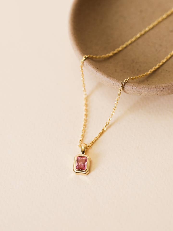 Rectangular Gold Baguette Pendant Necklace - Light Pink Gem for wholesale by JaxKelly