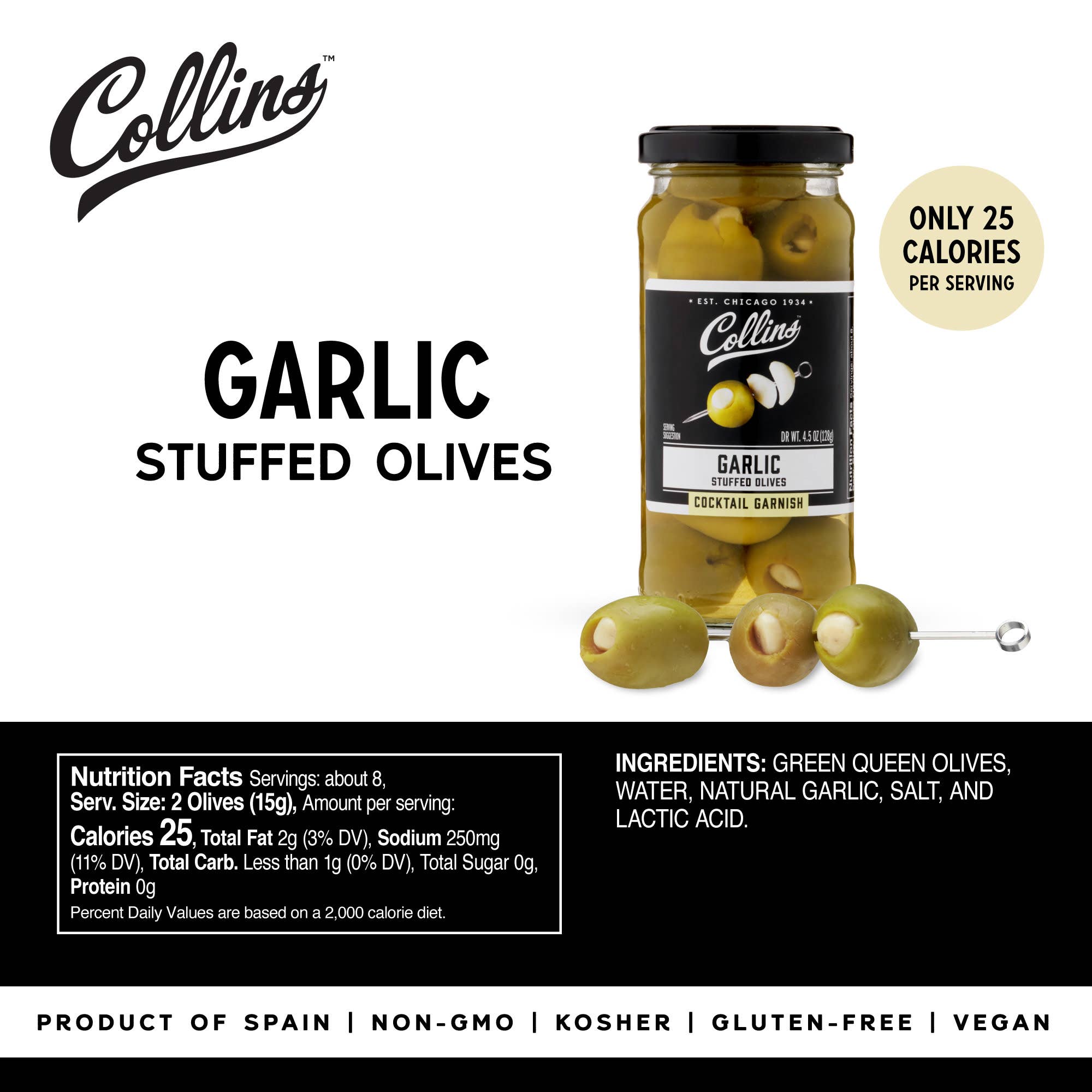 Collins - Wholesale Olives - Gourmet Garlic Stuffed Cocktail Olives 4.5 oz3
