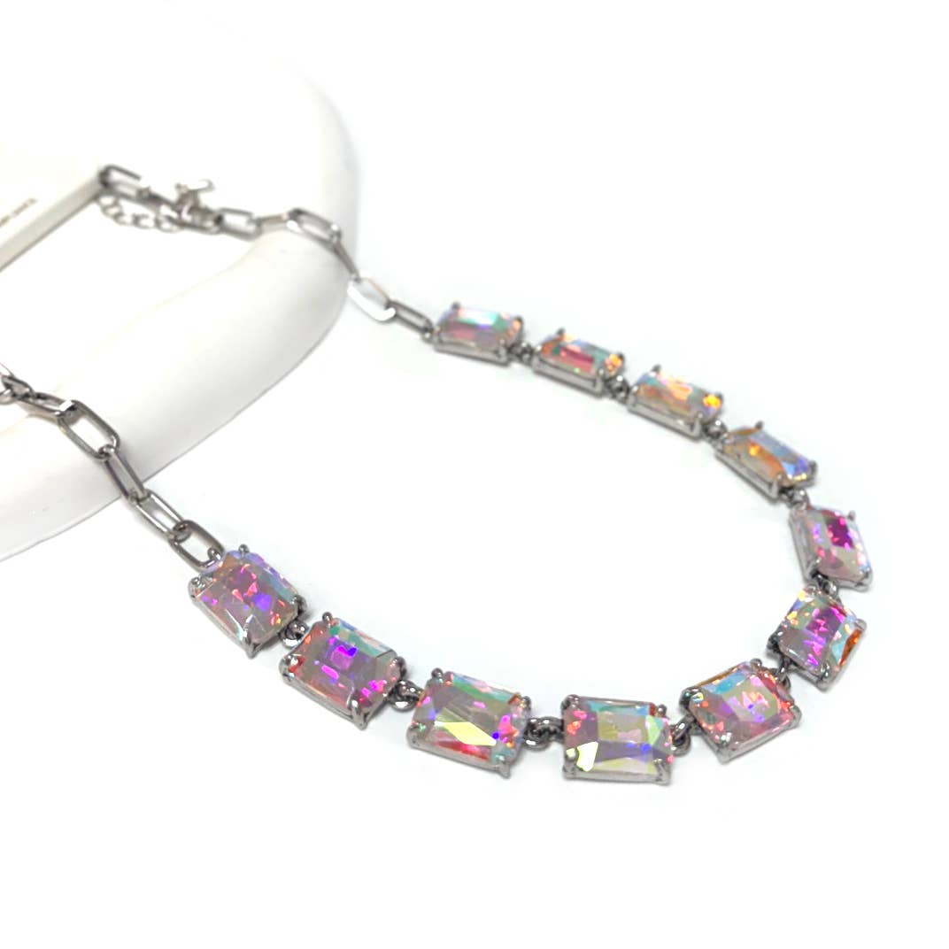 StarryNYC - Wholesale Link & chain necklace - Rectangle Crystal Glass Linked Statement Chain Necklace 17