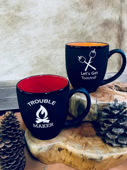 Trouble Maker Etched Campfire Ceramic Mug for wholesale by MK Designs
