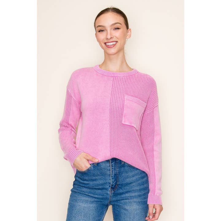 STACCATO - Wholesale Knit Sweater - Women's - TEXTURED DETAIL CHEST POCKET CREW NECK LONG SLEEVE PULLOVER