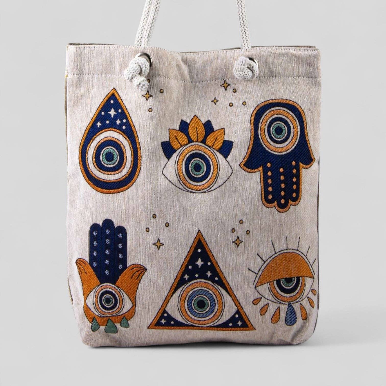 Guzel Handcrafts – Sacola - Mulher por atacado – Bolsa de Tecido Kilim Autêntico com Alças de Corda, Tapete Turco, Saco de Praia, Tote, Saco de Compras Reutilizável -- Padrão Olho Grego0