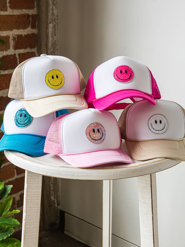 SUMMER SMILEY FACE PATCH TWO TONE TRUCKER HAT for wholesale by 1st Allie