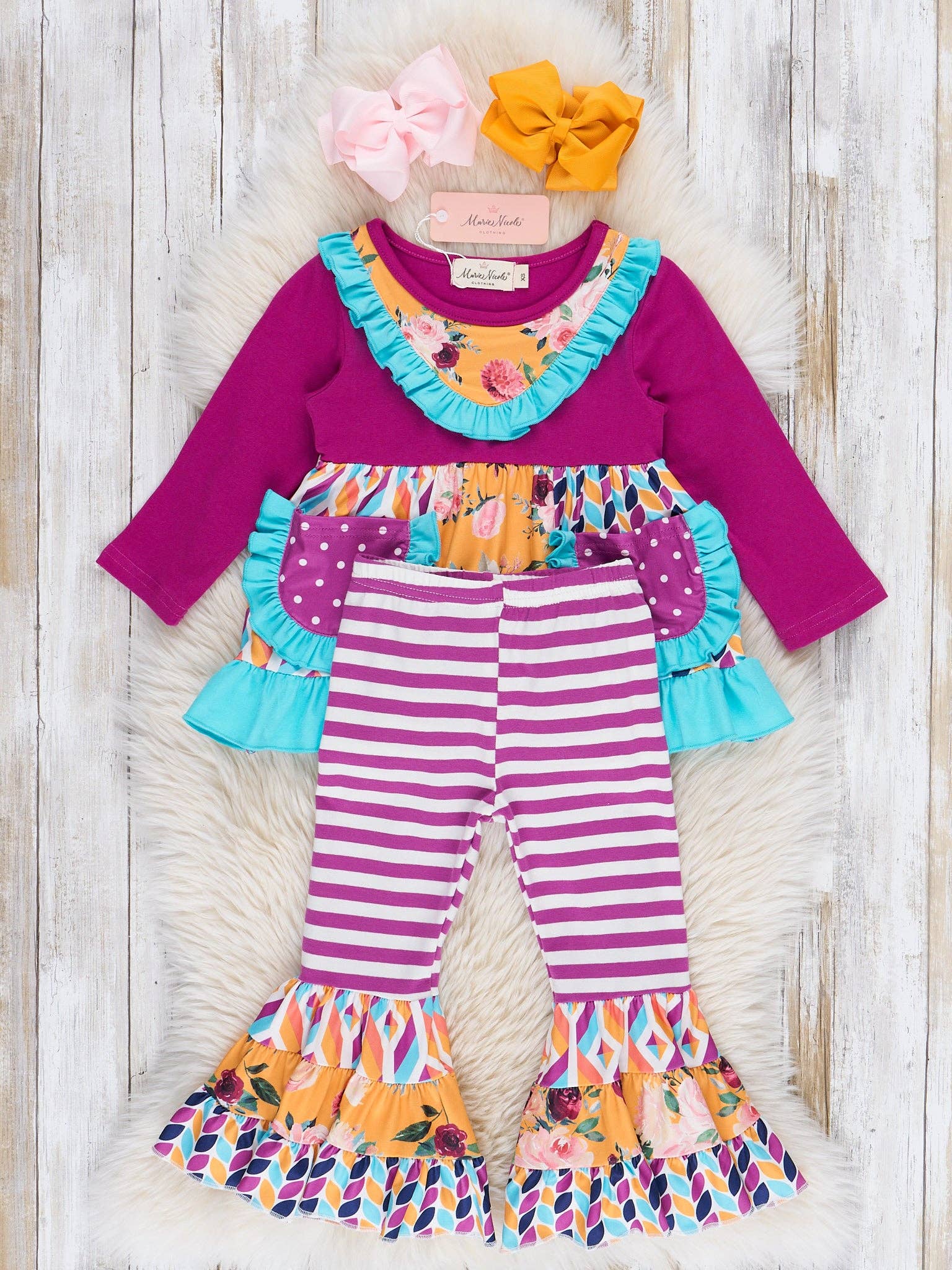 Marie Nicole Clothing - Wholesale Top & Pant Set - Kids - Pocket Flara Bells Outfit - Mulberry1