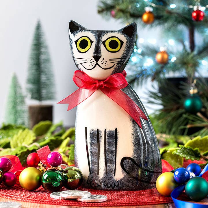 Handmade Ceramic Grey Tabby Cat Money Box for wholesale by Hannah Turner Ltd