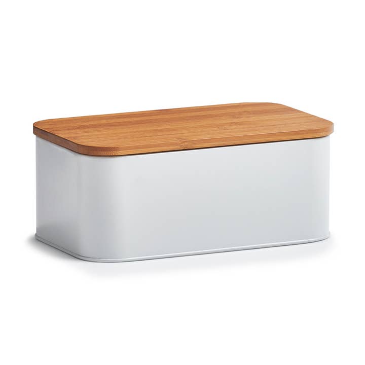 Caixa de pão M. Tampa de bambu, metal, branco mate por atacado de Zeller Present