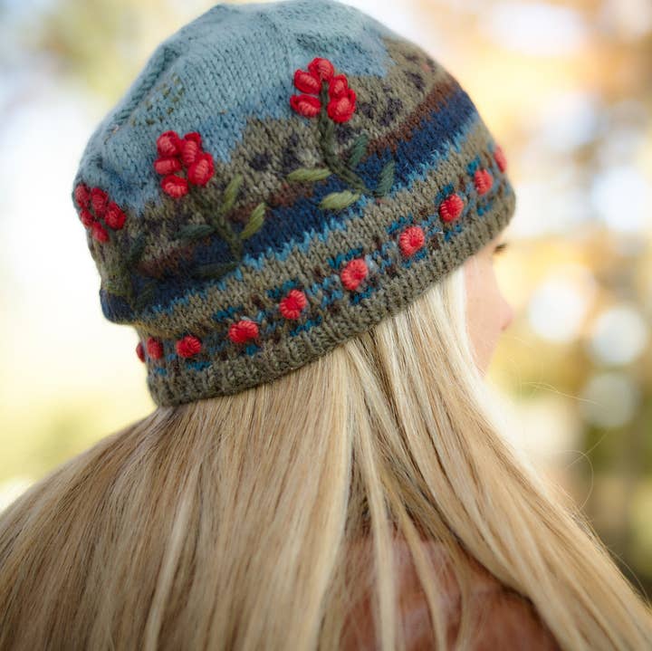 Chloe Wool Hat – Hand-Embroidered Floral Knit Beanie for wholesale by Lost Horizons Knitwear – Ships from USA
