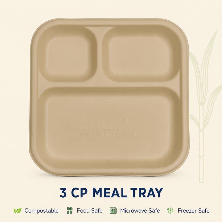 Plateaux-repas à 3 compartiments (Caisse de 500 | 20 x 25 paquets) - 100 % compostables fabriqués à partir de bagasse de canne à sucre pour la vente par Nutribite EcoWare