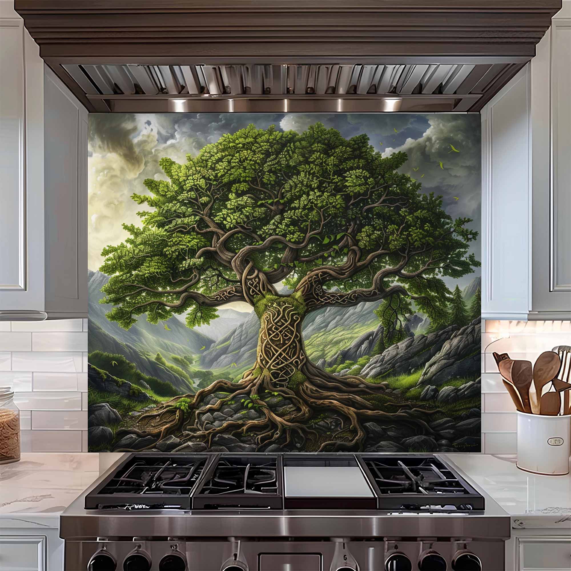 Glass Kitchen Backsplash - Wholesale Wall Accent - Celtic Mountain Tree Tempered Glass Backsplash – Kitchen Backsplash Behind Stove2